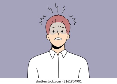 Unhappy male employee or worker feel frustrated and distressed with work problems. Anxious man worker stressed confused with news or ideas. Frustration and stress. Vector illustration.