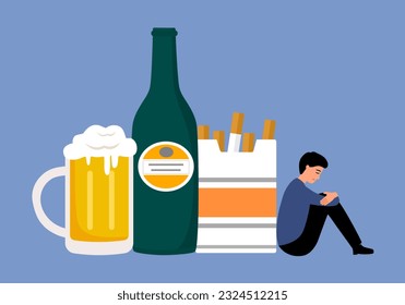 Unhappy man with bad habits unhealthy lifestyle in flat design.