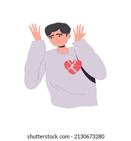 An unhappy man with a broken heart. Codependency. Unrequited, rejected love. A sad parting. A painful condition. Cartoon vector illustration on a white isolated background.