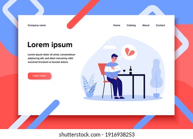 Unhappy man with broken heart drinking wine alone. Breakup, heartbreak, despair flat vector illustration. Alcohol addiction, divorce concept for banner, website design or landing web page