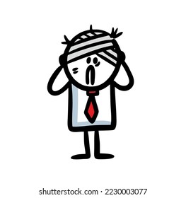 Unhappy man in business suit with bandaged head and upset grin. Vector illustration of young character with injury and health problems  after visiting hospital.