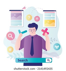 Unhappy man cannot determine what is true and what is fake news. Propagandists spread disinformation on internet. Search bar. Hoax news, global online propaganda in social media. Vector illustration