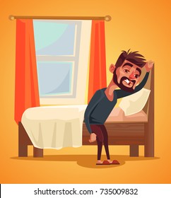 Unhappy man character waking up morning. Insomnia concept. Vector flat cartoon illustration
