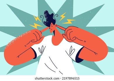 Hombre infeliz cerrando las orejas molesto con un ruido excesivo. Los oídos masculinos insatisfechos se molestaron con ruidosos alrededores. Ilustración vectorial. 