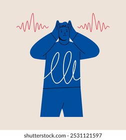Unhappy man covering his ears not to hear loud noises. Noise, stress, prevention concept. Colorful vector illustration