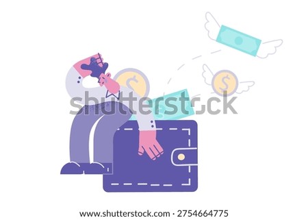 Unhappy man crying feel distressed with financial debts and bankruptcy. Upset male stressed with money expenses expenditures. Finance instability problem. Bankrupt. Flat vector illustration.