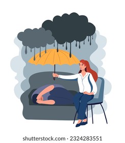 Unhappy man in depression lying at sofa under grey cloud with rain. Psychologist helps him, protects by umbrella. Vector metaphor for psychology for depressed person in frustraion, tragic problems