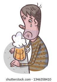 Unhappy Man Drinking Beer. Comic Character. Vector illustration