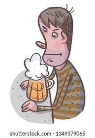 Unhappy Man Drinking Beer. Comic Character. Vector illustration