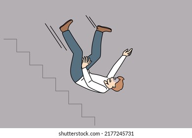 Unhappy man fall down stairs of career ladder suffer work crisis in life. Distressed businessman failure or business problem. Financial bankruptcy and loss. Flat vector illustration. 