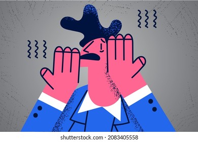 Unhappy man feel anxious suffer from panic attack or psychological problem. Stressed male struggle with anxiety or mental issues need help. Psychology, healthcare concept. Flat vector illustration. 
