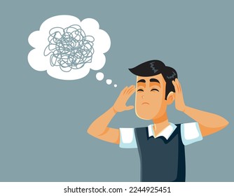 
Unhappy Man Feeling Confused and Desperate Vector Cartoon Illustration. Stressed office worker having dark tangled thoughts 
