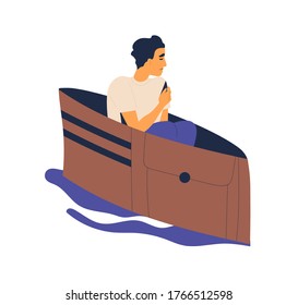 Unhappy man floating on pond in empty wallet vector flat illustration. Poor male loss wealth feeling lack of money isolated on white. Concept of economic crisis, bankruptcy and finance problem