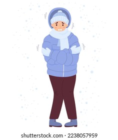 Unhappy man freezing wearing winter clothes under snow and shivering. Cartoon flat vector illustration. Winter season and suffering of low minus degrees temperature.