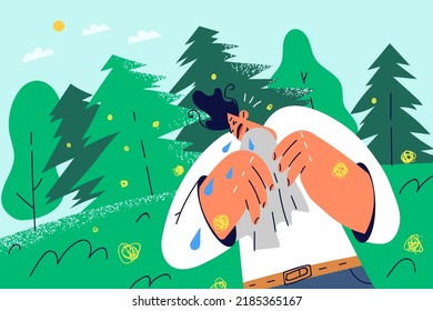 Unhappy man get lost in wood crying feeling abandoned and anxious. Upset stressed guy distressed in forest unable to find road back. Vector illustration. 