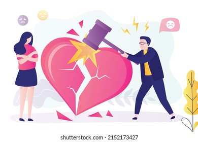 Un hombre infeliz con martillo rompe el corazón en muchas piezas. El personaje masculino rompe con la chica. Mujer triste por ruptura de relaciones. Pareja divorciándose debido a los conflictos. Ilustración vectorial plana