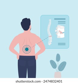 Unhappy man has low back pain and sciatica from herniated disc. Medical diagram about trapped nerves make patients chronic pain in back and paralysis. Rear view. Businessman feels pain in back. vector