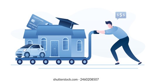 Unhappy man has lot of money to pay. Financial obligation for lifestyle, exhausted businessman pull the burden cart with house mortgage, education and car loans, credit card debt. vector illustration