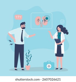 Unhappy man have kidney pain on back and talking with doctor nephrologist. Kidney pain can be caused by stones. Medical concept of diseased urinary system. Kidney infection, stones. flat vector