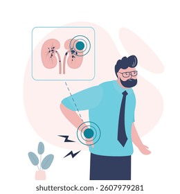 Unhappy man have kidney pain on back. It’s felt in your sides, back, belly or groin. Kidney pain can be caused by stones. Medical concept of diseased urinary system. Kidney infection, stones. vector