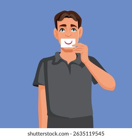 
Unhappy Man Holding a Fake Smiling Card Vector Illustration. Sad person pretending to be joyful under an emotional facade

