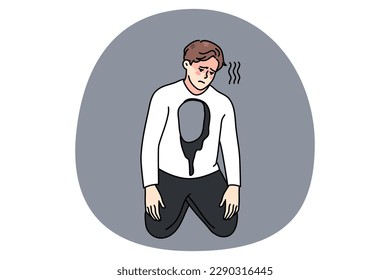 Unhappy man with hole in body feel depressed and broken. Sad upset guy feel stressed have mental or psychological problems. Depression and anxiety concept. Vector illustration.