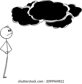 Unhappy man looking at dark clouds on sky, weather is changing, storm is coming. Vector cartoon stick figure or character illustration.