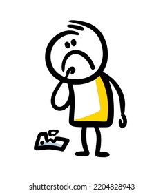 Unhappy Man Looking On Broken Mobile Phone On The Ground. Vector Sketch Hand Drawn Illustration Of People.