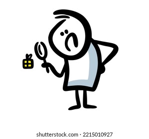 Hombre infeliz mirando a través de lupa en la pequeña caja de regalo. Ilustración vectorial de un hombre gracioso con el presente.