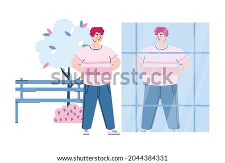 Unhappy man looks at reflection in storefront with dissatisfaction of personal appearance. Body rejection and self hate, negative self assessment and acceptance. Vector illustration