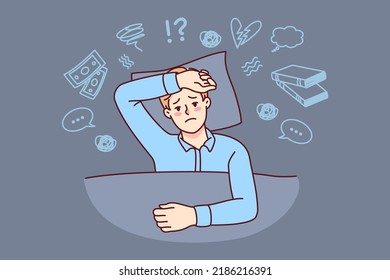 Unhappy Man Lying In Bed Suffer From Insomnia Overthinking. Stressed Guy Have Sleepless Night Thinking Too Much. Vector Illustration. 