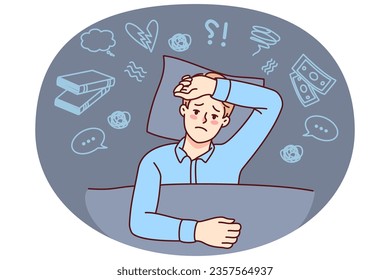 El hombre infeliz que se acuesta sufre de insomnio por exceso de pensamiento. El tipo estresado tiene noches sin dormir pensando demasiado. Ilustración vectorial.