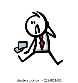 Unhappy man in office dress code costume with upset face sitting on the ground. Vector illustration of doodle stick man fell down on the floor and lost sheet of paper documents.