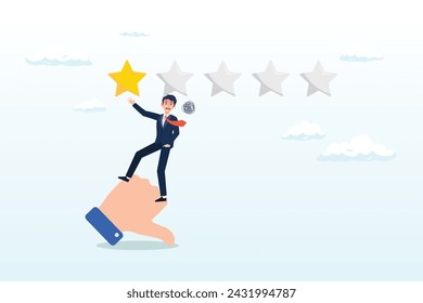Unhappy man on thumb down giving bad review star, negative feedback, bad review or one star customer feedback, terrible or poor quality user experience, low rating result or disappointment (Vector)