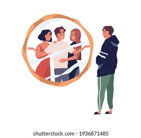 Unhappy man with problems in building relationships with opposite sex. Guy looking in mirror and dreaming to be attractive and get attention from women. Flat vector illustration isolated on white