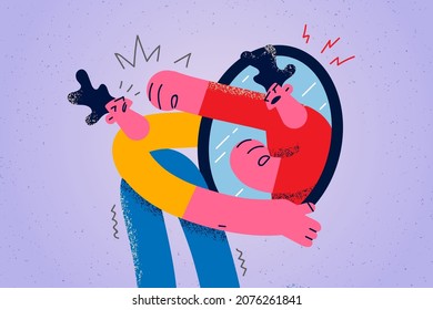 Unhappy man punch fight with self reflection in mirror suffer from bipolar disorder. Furious guy struggle with mental health problem. Violence and insecurity concept. Flat vector illustration. 