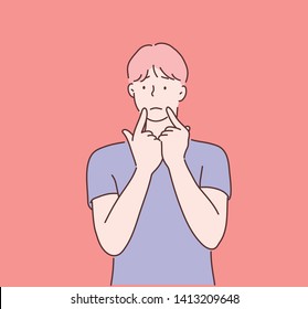 Unhappy man with purple shirt. Hand drawn style vector design illustrations.