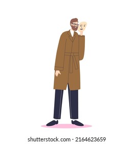 Unhappy man putting on social face mask with fake positive emotion to hide real sad feelings behind. Sad male character disguising fear. Cartoon flat vector illustration