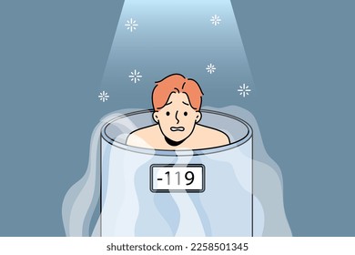 Unhappy man in reservoir undergo cryotherapy procedure in clinic or spa. Dissatisfied male client having whole body treatment in cryosauna. Healthcare. Vector illustration. 