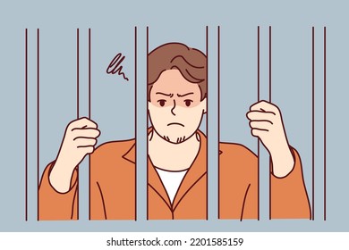 Unhappy man in robe behind bars in jail. Angry male criminal imprisoned for crime or misdemeanor. Imprisonment and sentence. Vector illustration. 