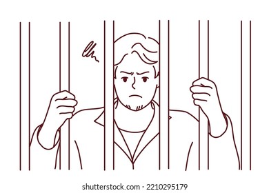 Unhappy Man In Robe Behind Bars In Jail. Angry Male Criminal Imprisoned For Crime Or Misdemeanor. Imprisonment And Sentence. Vector Illustration. 