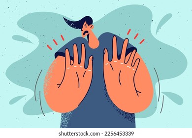 Unhappy man show no hand gesture. Frustrated decisive guy reject offer or proposal. Concept of rejection. Nonverbal communication. Vector illustration. 