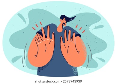 Unhappy man show no hand gesture. Frustrated decisive guy reject offer or proposal. Concept of rejection. Nonverbal communication. Vector illustration.