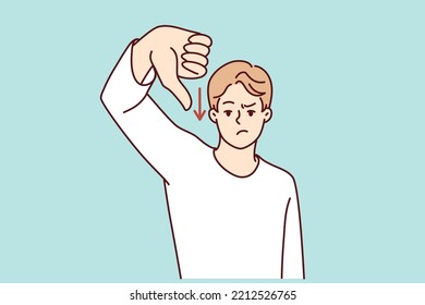 Unhappy man show thumb down dissatisfied with financial recession or money loss. Upset angry male dislike negative finance statistics. Vector illustration. 