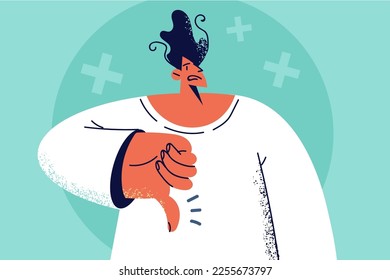 Unhappy man show thumb down demonstrate dislike or disapproval. Upset guy feeling frustrated and dissatisfied with bad quality service. Vector illustration. 