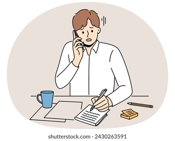 Unhappy man sit at desk talk on phone taking notes. Upset guy feel stressed with news on cellphone handwrite in notebook. Vector illustration.