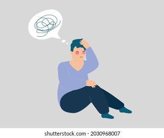 Unhappy man sits on the floor. Male with tangled thoughts. Sad Male has confused negative thinking. Depressed boy adolescent has memory difficulties. Concept of mental disorder. Vector illustration.