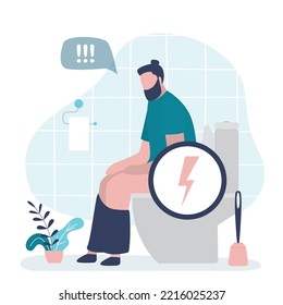 Unhappy Man Sits With Stomach Pain On Toilet. Male Character With Diarrhea Or Stomach Upset. Guy With Constipation In Toilet. Digestive And Bowel, Proctology, Hemorrhoids Problems. Vector Illustration