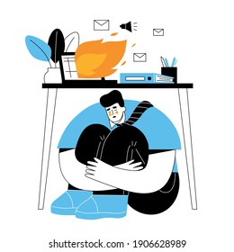 Unhappy man sits under a desk and is sad. The concept of professional burnout, problems at work and depression
