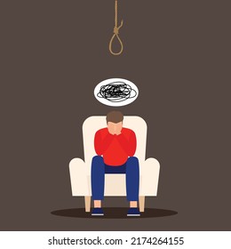 Unhappy man sitting at arm chair over dark background, touching his head, man suffering from posttraumatic stress disorder, 